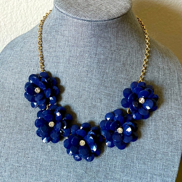 Vintage J. CREW Navy Blue Floral & Rhinestoned Flower Bib Necklace